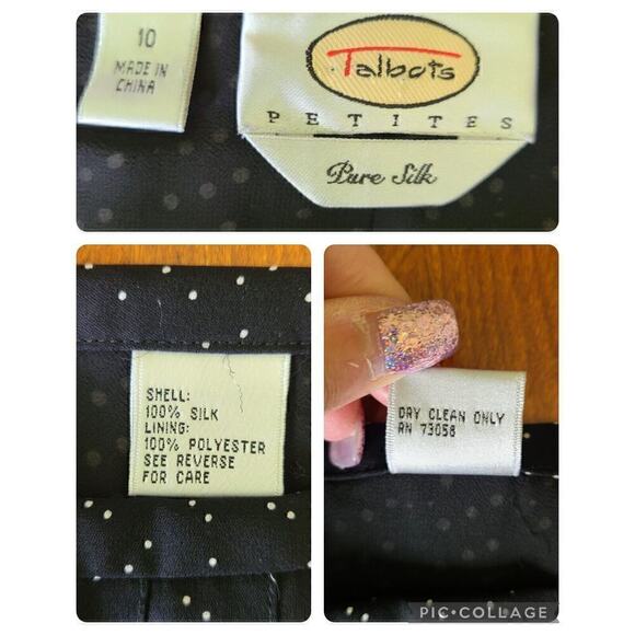 Talbots Womens 10 Petite Black White Polka Dot 100% Silk Skirt Lined Pleated - Picture 7 of 9